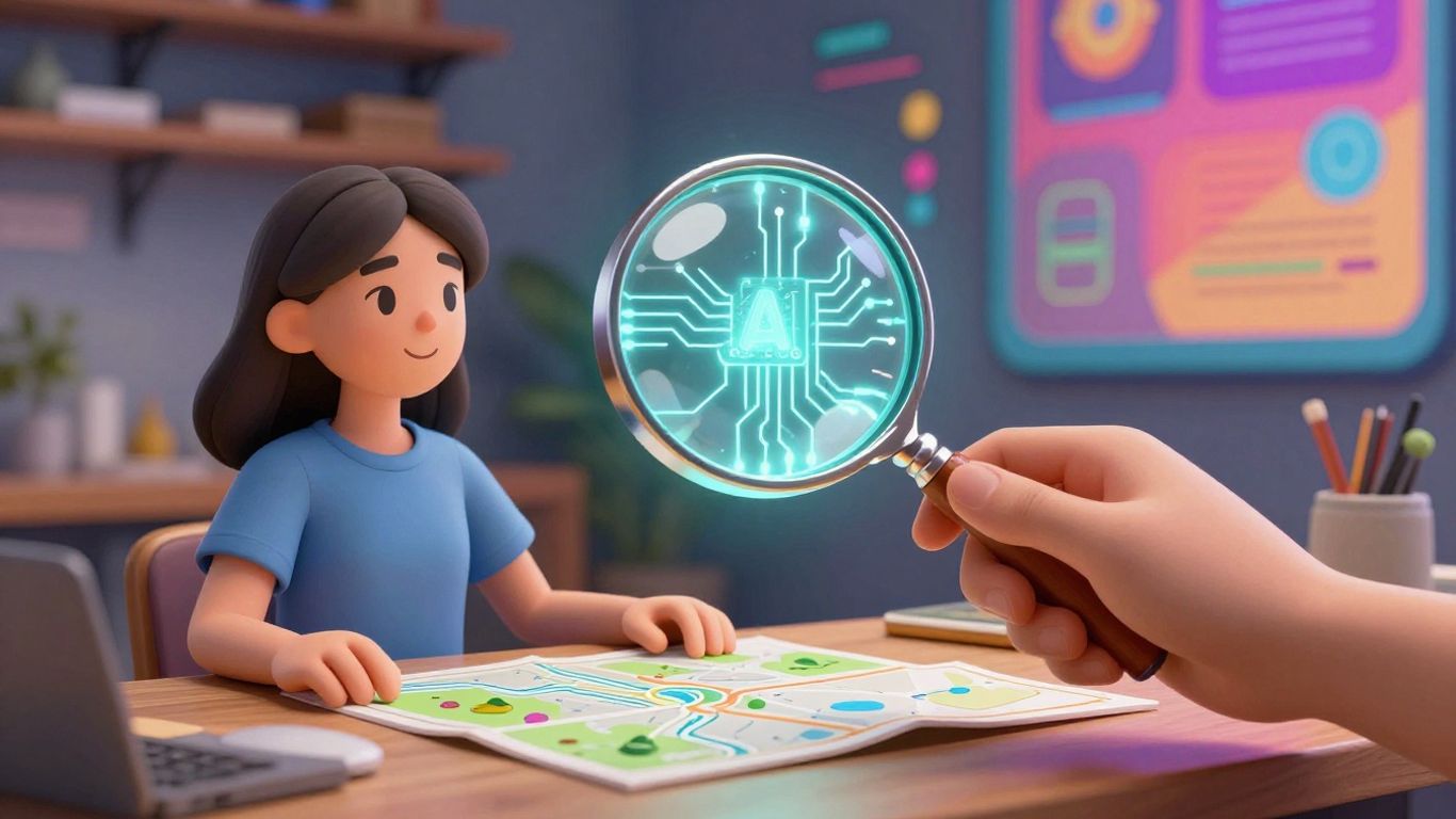 Small business owner with AI power and magnifying glass.