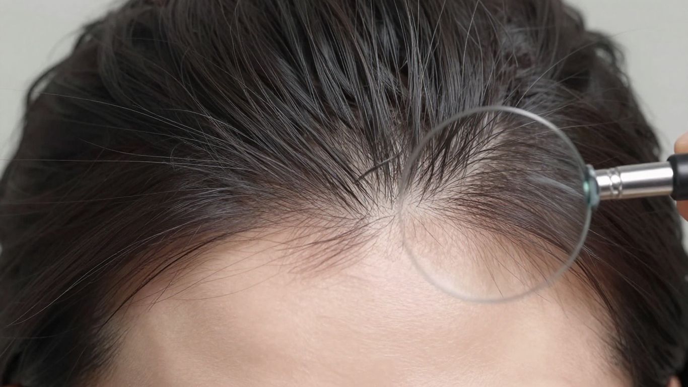 Close-up of scalp and hair with magnifying glass.