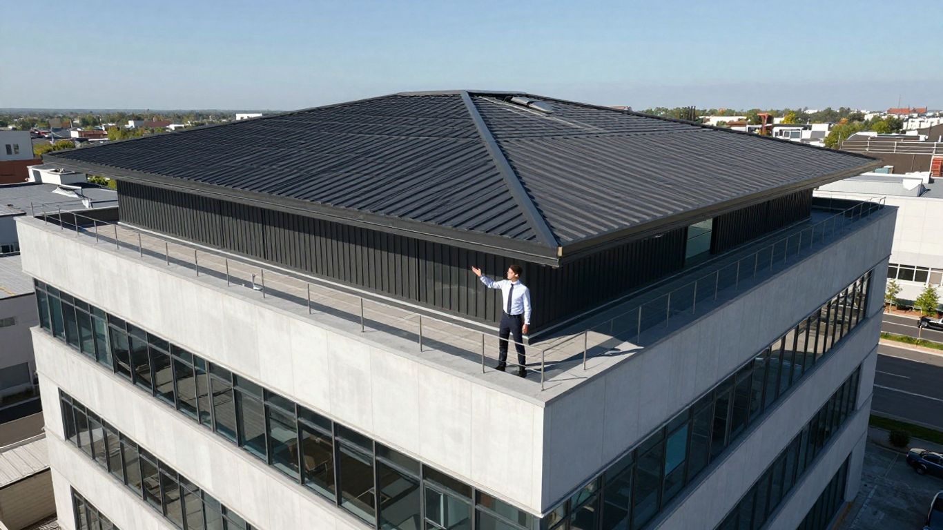 Salesperson on commercial roof, business opportunity.