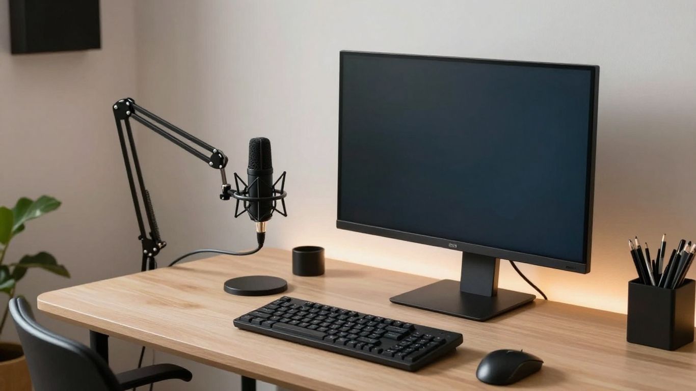 Organized home studio setup with computer, microphone, and keyboard.