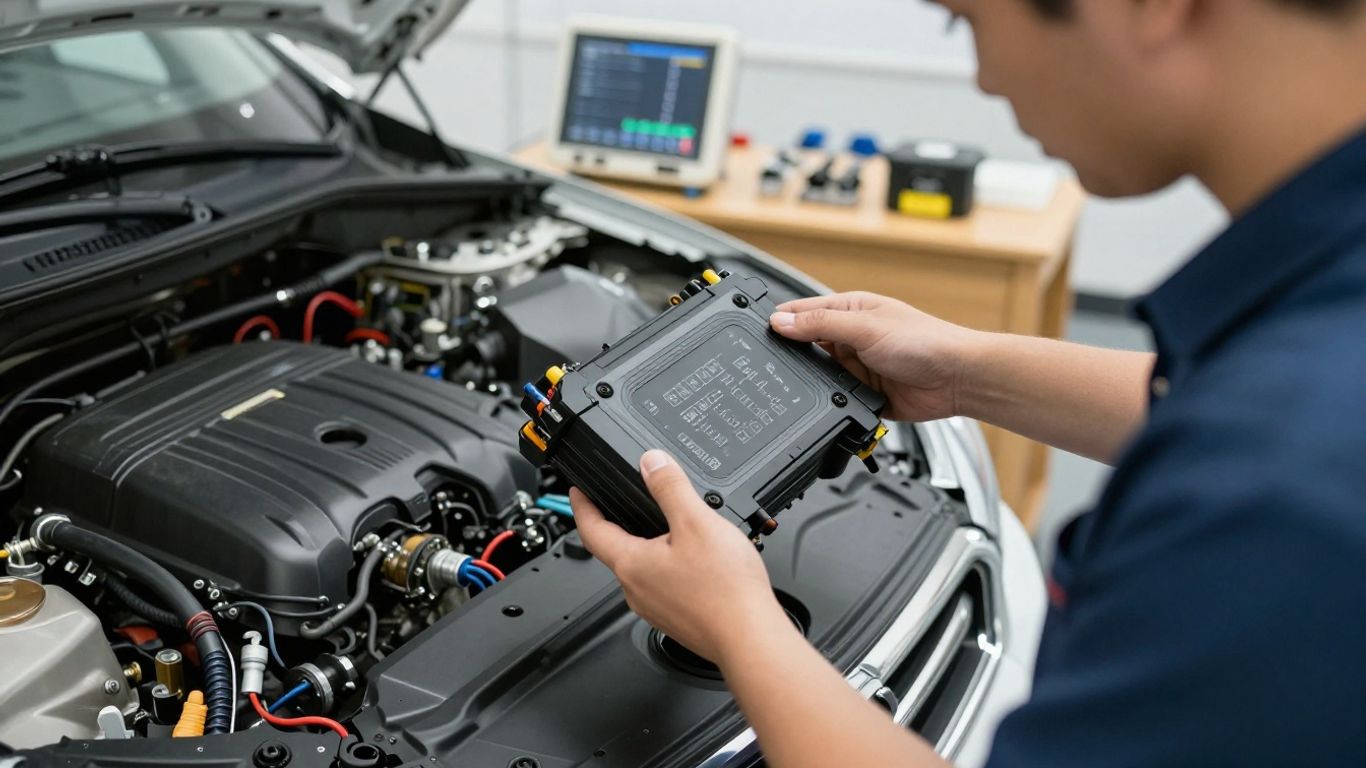 Mechanic examining ECU beside diagnostic equipment