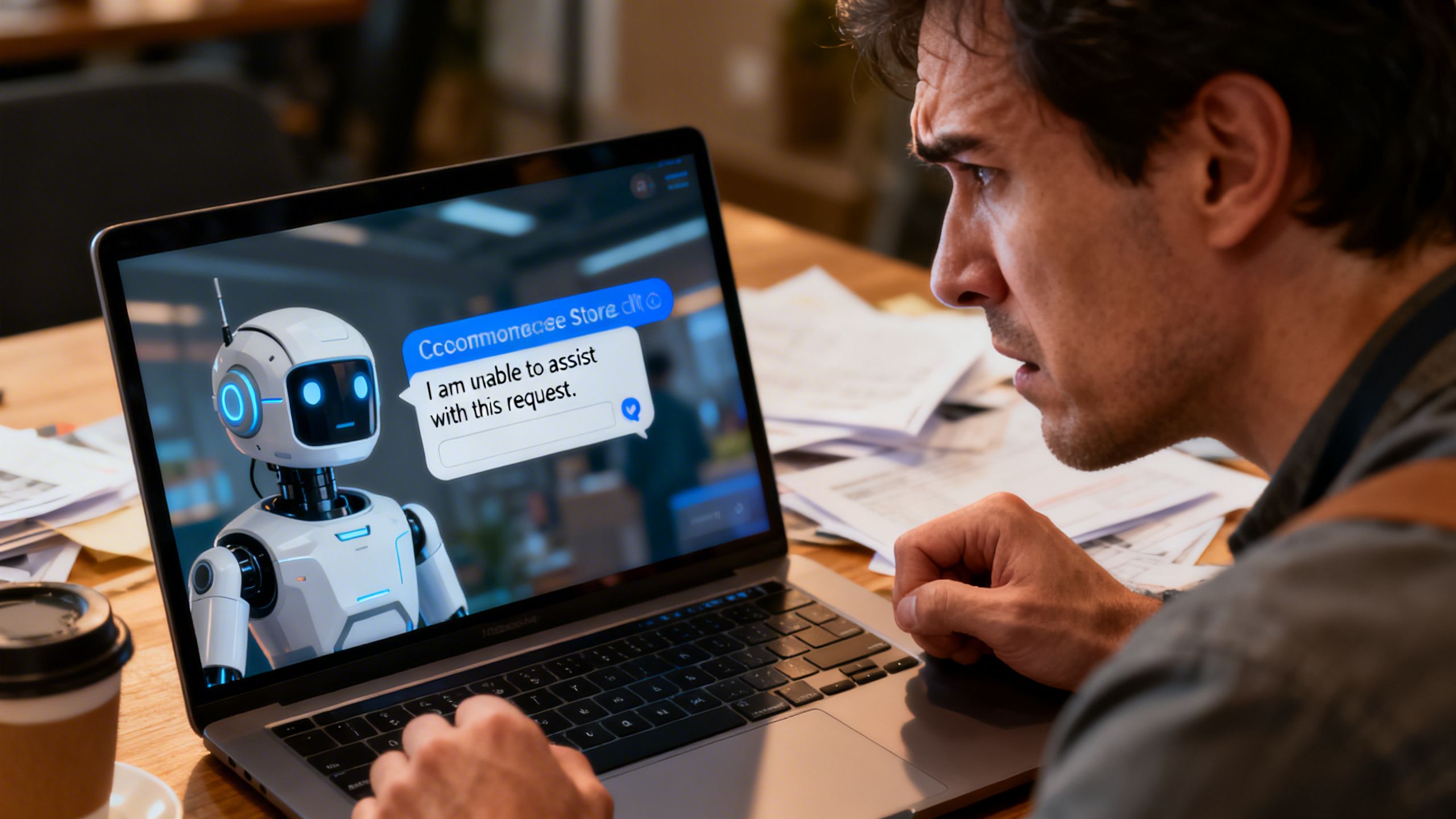 A frustrated eCommerce store owner looking at a laptop screen showing a chatbot message that reads 'I am unable to assist with this request.'