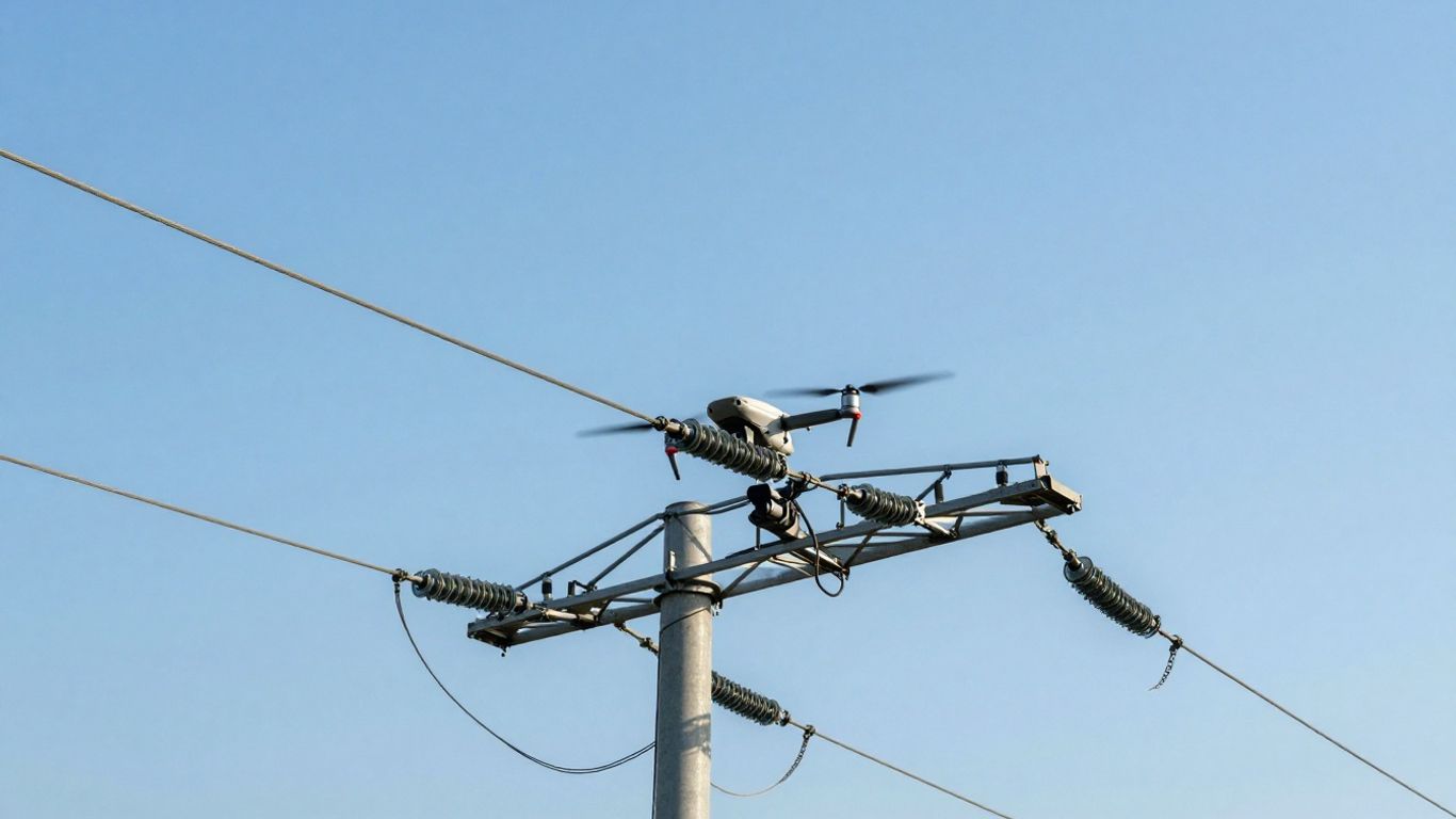Drone inspecting high voltage power lines
