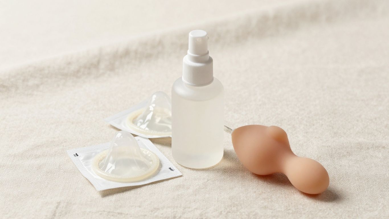 Personal lubricant beside condoms and sex toys