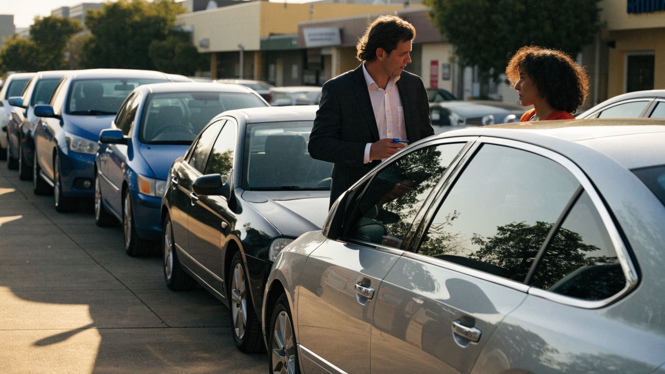 Used cars parked in a bright dealership lot