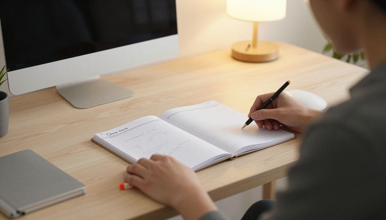 A modern, bright home office desk setup with a planner open and a soft, warm light in the background, symbolizing balance and intentional organization for a busy parent.