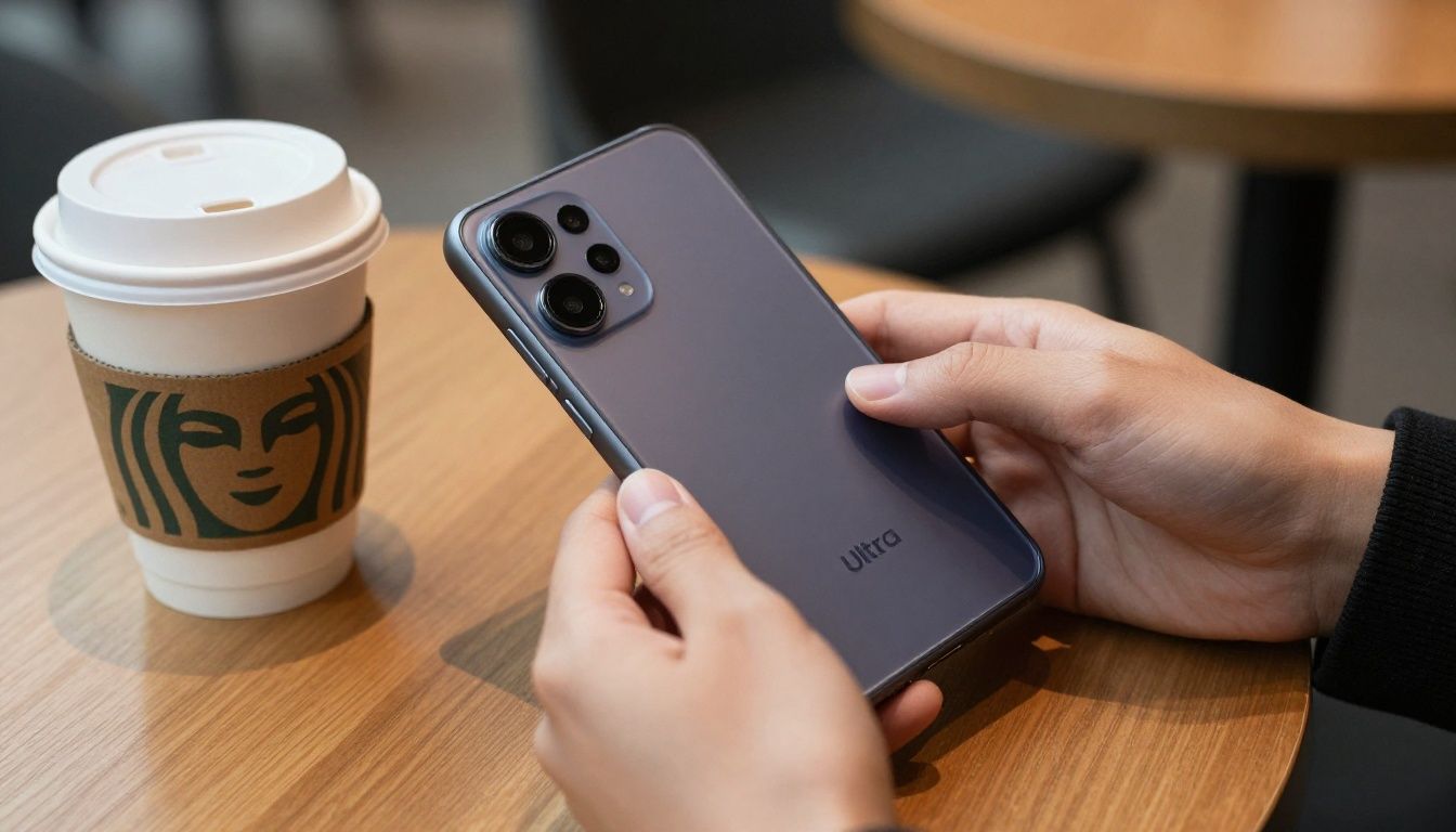 A person in a cafe carefully putting a sleek, minimalist case on their Samsung Galaxy S23 Ultra, with a coffee cup nearby.