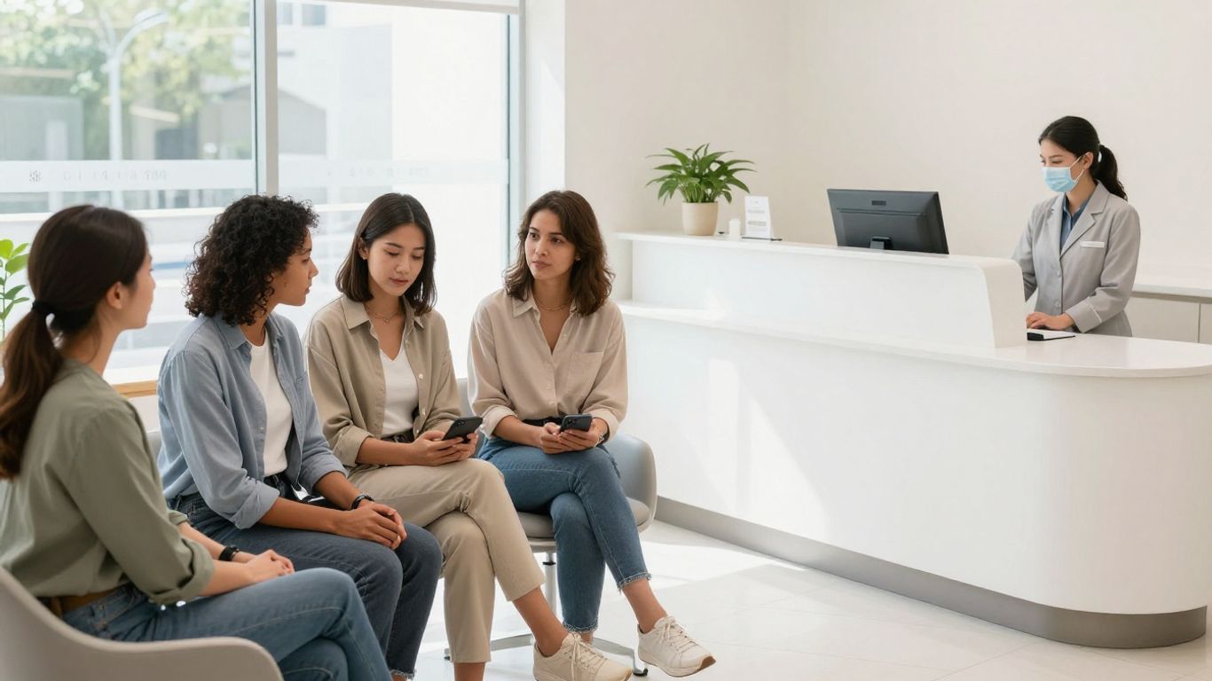 Dermatology clinic waiting room with diverse American patients.