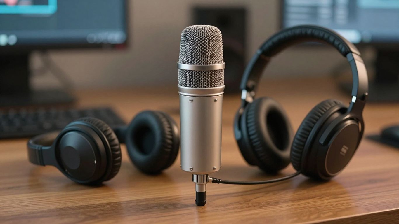 Micrófono y auriculares en un escritorio.