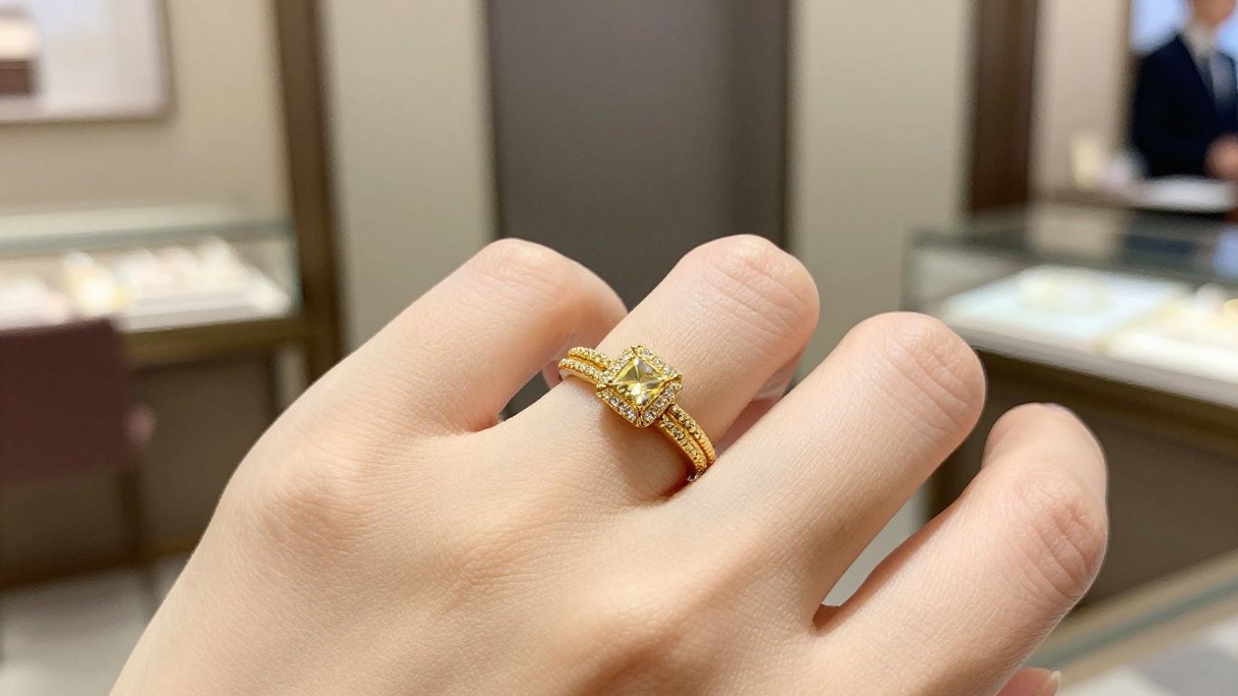 手中握着一枚金戒指，特写镜头。