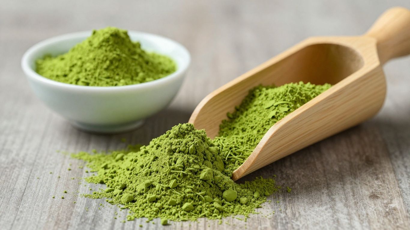 Matcha powder and prepared matcha tea in bowls.