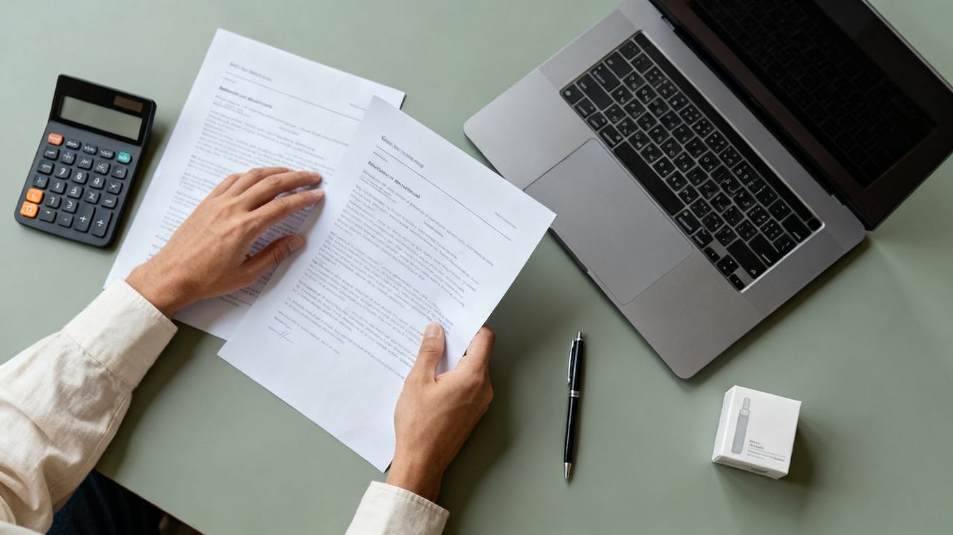 Hands reviewing advertising data beside a laptop