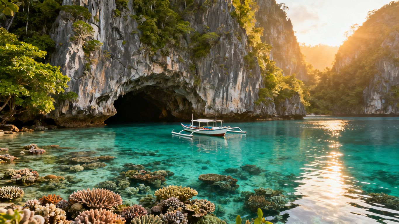 Secret lagoon in Palawan, Philippines with clear turquoise water.