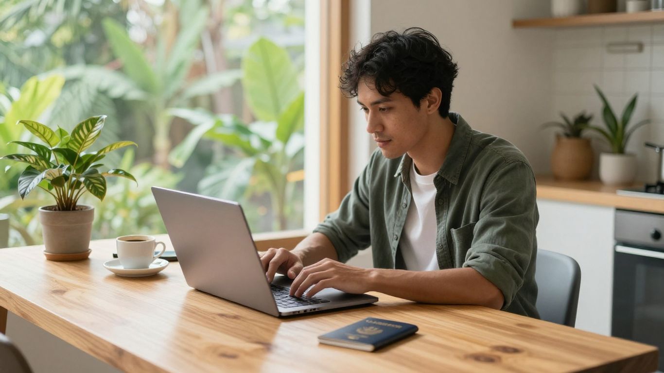 Digital nomad working beside tropical window