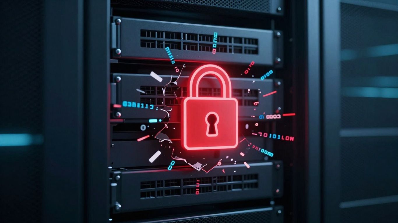 Server with broken lock and alert symbol.