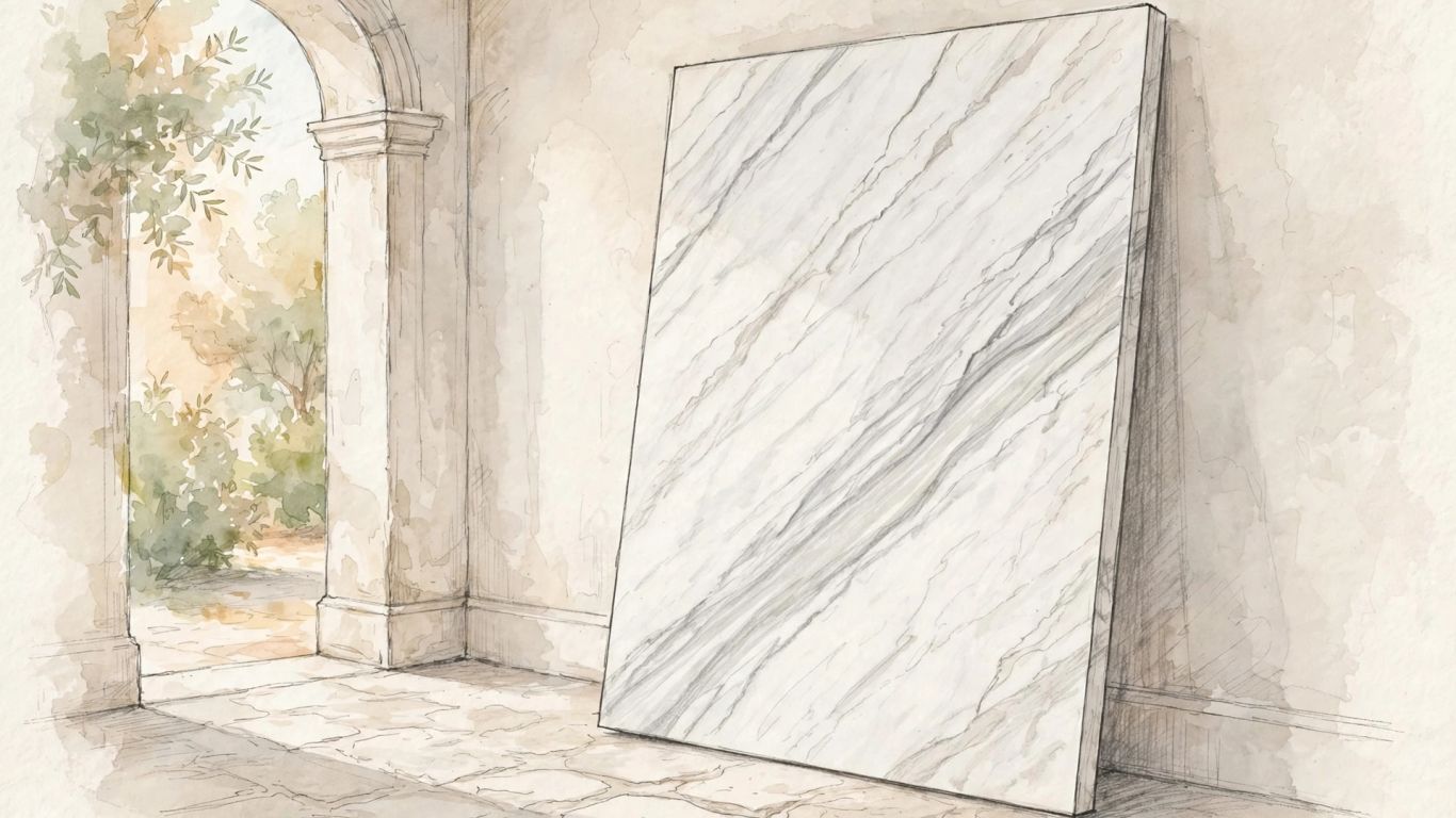 Veined marble slab beside softly lit interior