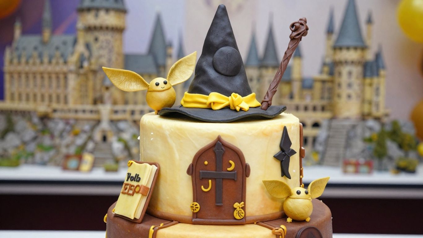 Magical Harry Potter cake with golden snitches and Sorting Hat.