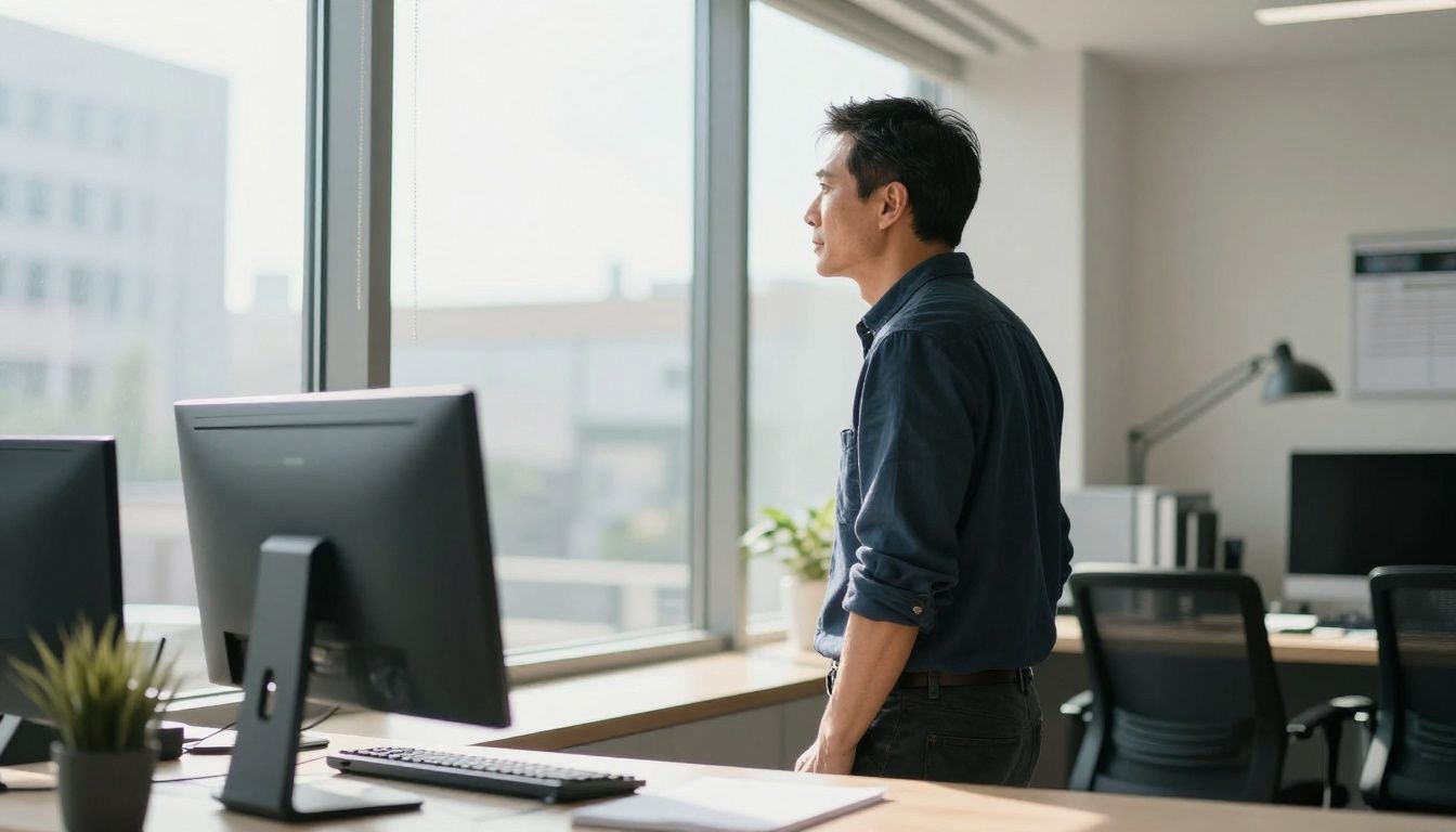 A thoughtful man in his 40s looking out a window in a modern home office, contemplating as the afternoon light streams in.
