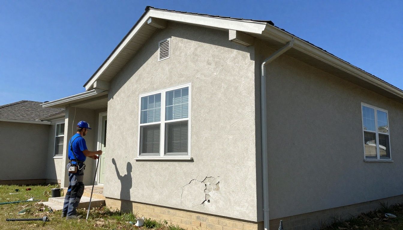 A professional stucco contractor carefully patches a small, weathered crack on a residential home exterior to restore the texture.