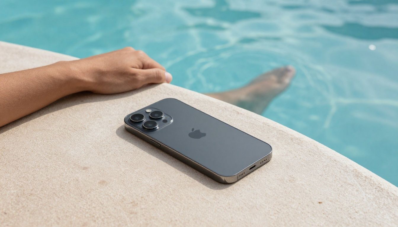 A person relaxing by a pool in Australia, their iPhone 17 Pro Max resting on a nearby table, safely away from the water.