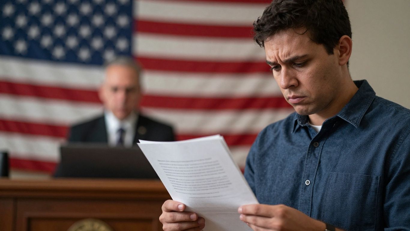 Person holding document, American flag, courthouse.