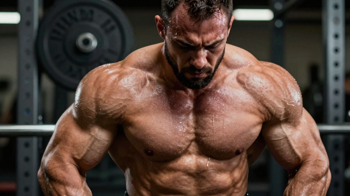 Powerlifter flexing muscles with intense focus.