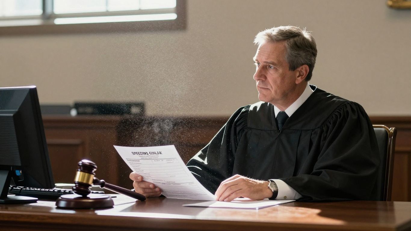 North Carolina judge considering a speeding ticket in a courtroom.