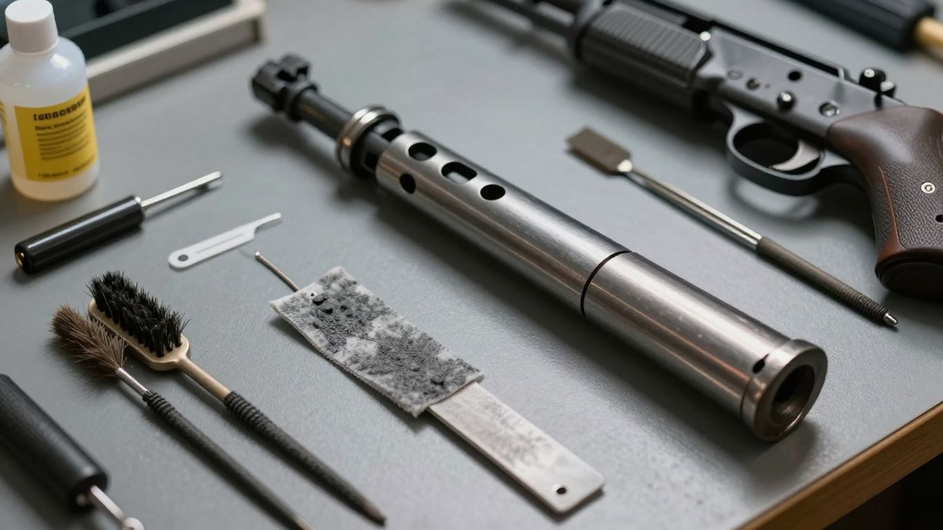 Firearm cleaning supplies and disassembled gun parts.