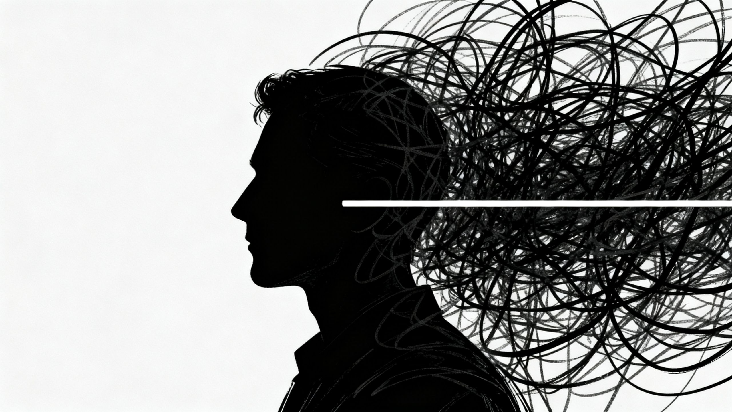 A silhouette of a man's head with chaotic scribbles turning into a clear, straight line, symbolizing the silencing of food noise.