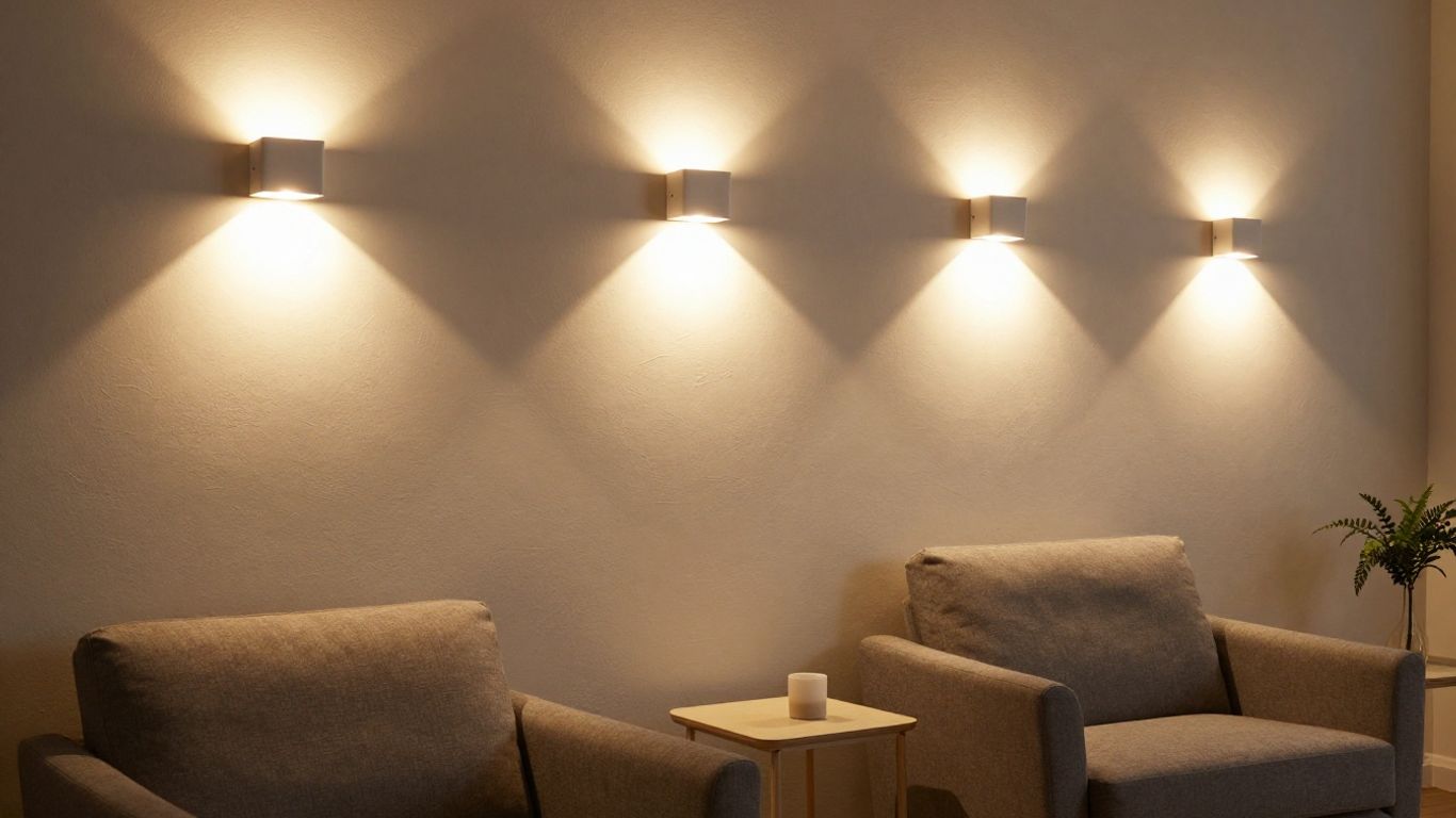 IKEA plug-in wall lights illuminating a cozy living room corner.