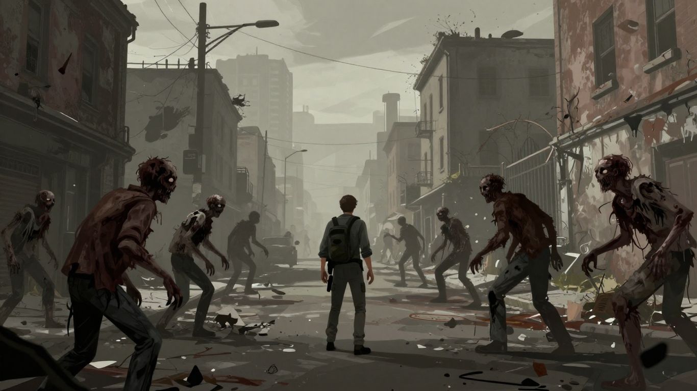 Survivor fighting zombies in a desolate urban street.