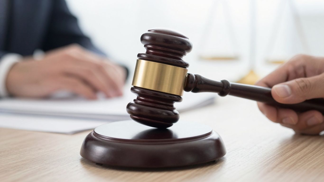 Gavel striking sounding block, legal documents background.