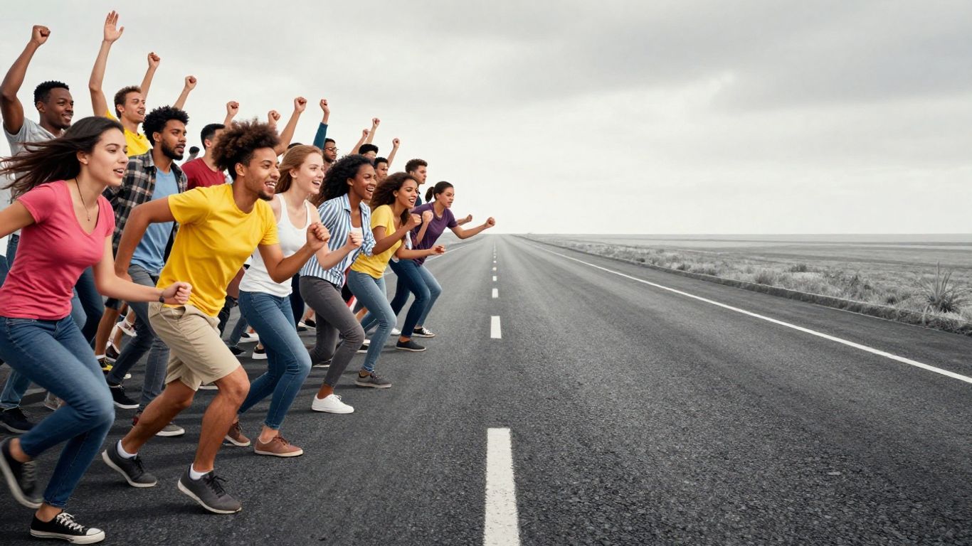 Personas en movimiento comparadas con un camino vacío.