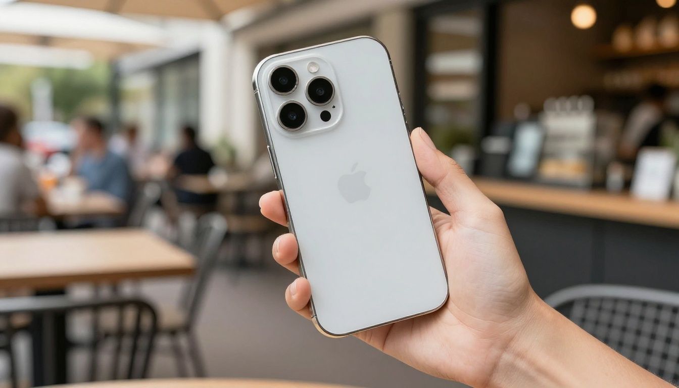 A person sitting at an outdoor cafe in Australia, holding an iPhone 15 Pro Max in a sleek, minimalist case.