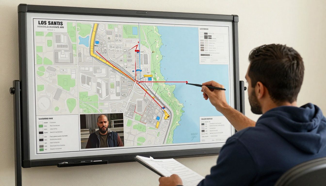 Um jogador de GTA Online planejando um grande assalto em frente a uma lousa de planejamento de golpes com fotos e mapas de Los Santos