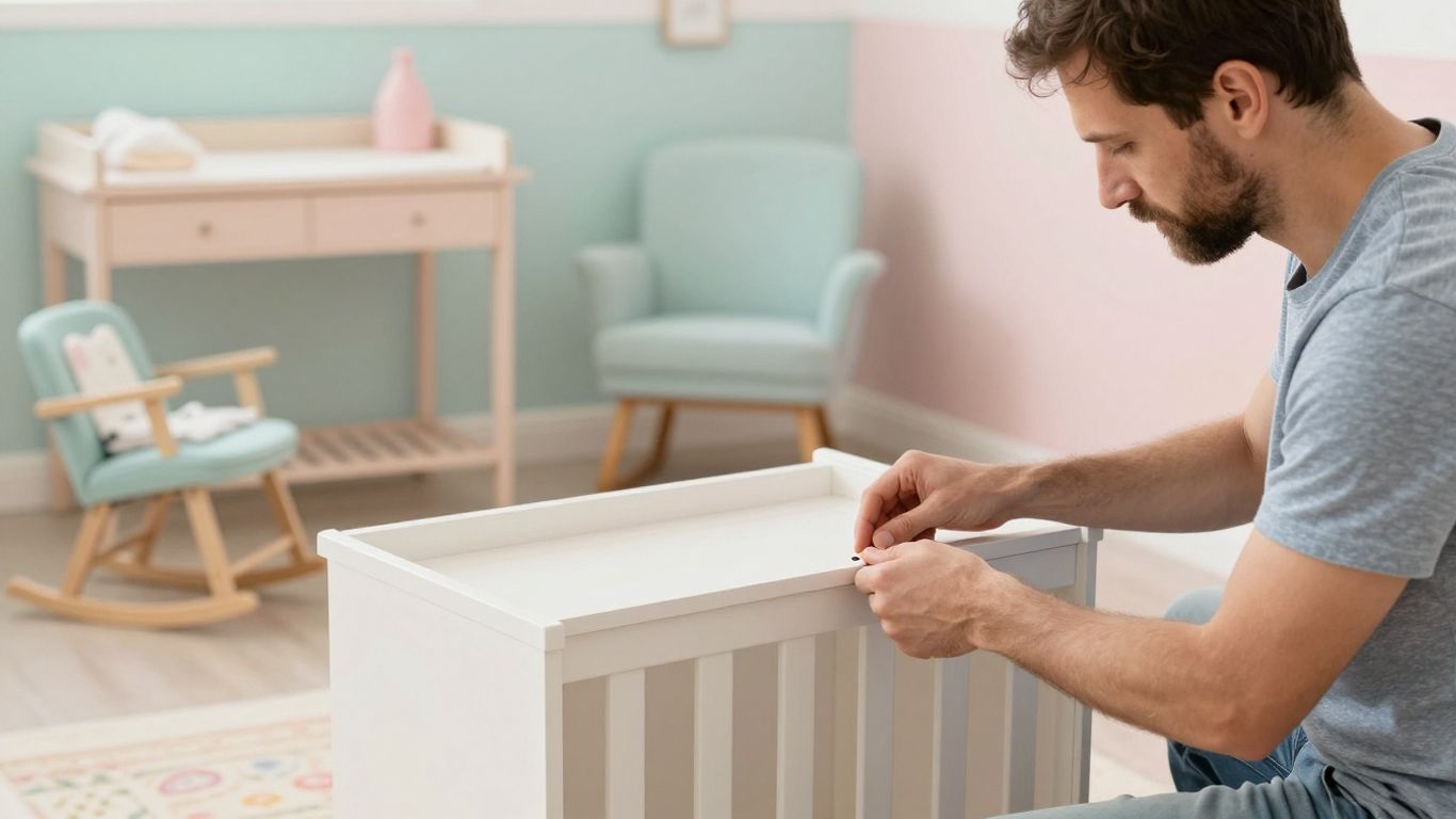 Dad assembling baby crib in nursery room.