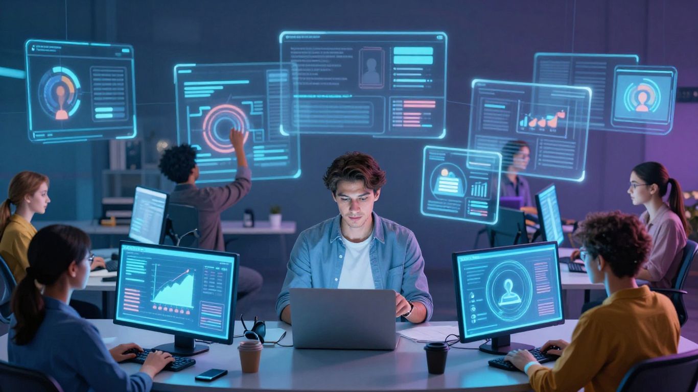 Pessoas conectadas em um ambiente digital moderno.