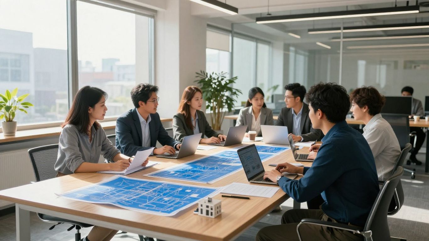 Tým profesionálů pracuje na projektech v moderní kanceláři.