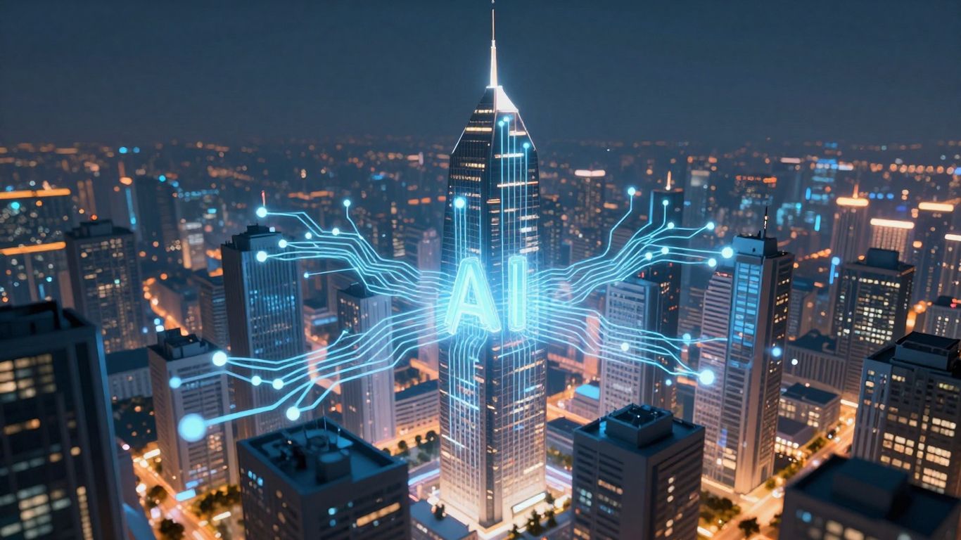 AI circuits above futuristic cityscape