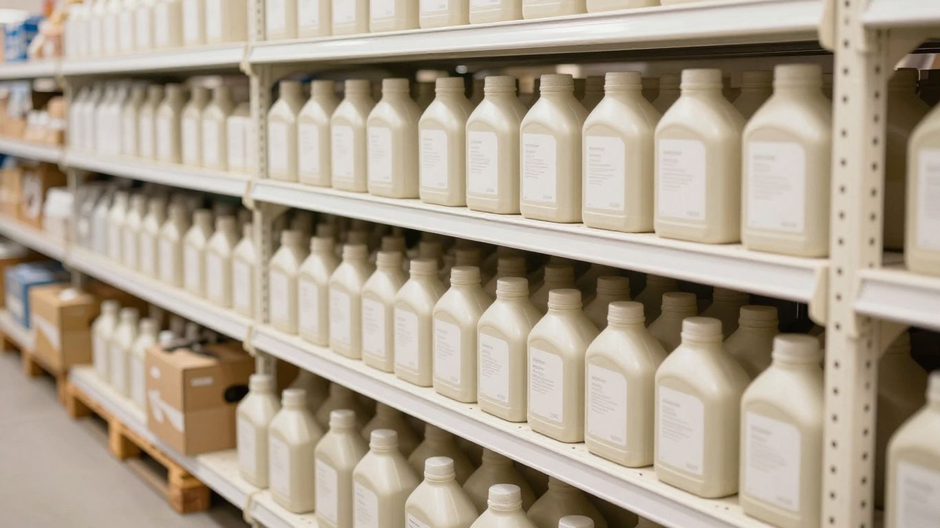 Organized lubricant cases in a clean storage room