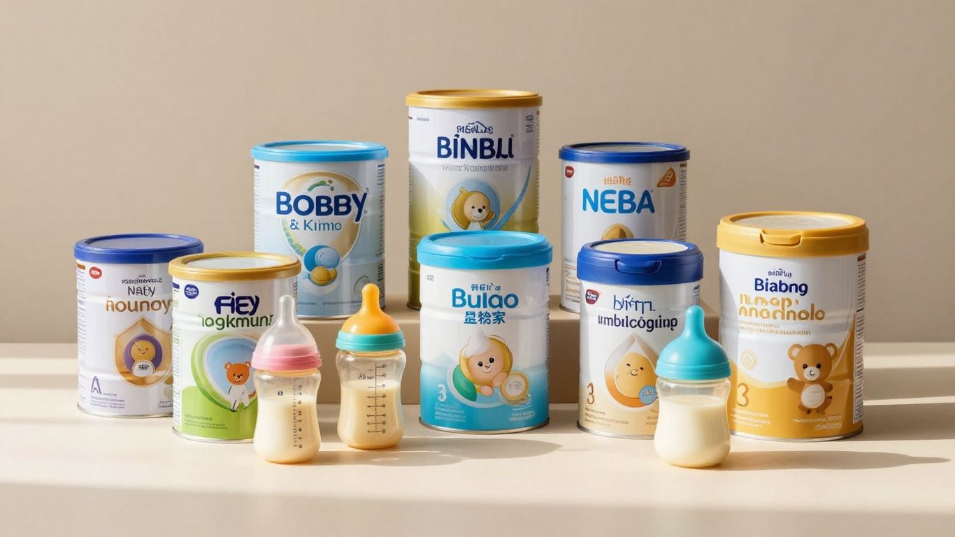 Latas y biberones de fórmula infantil variados.
