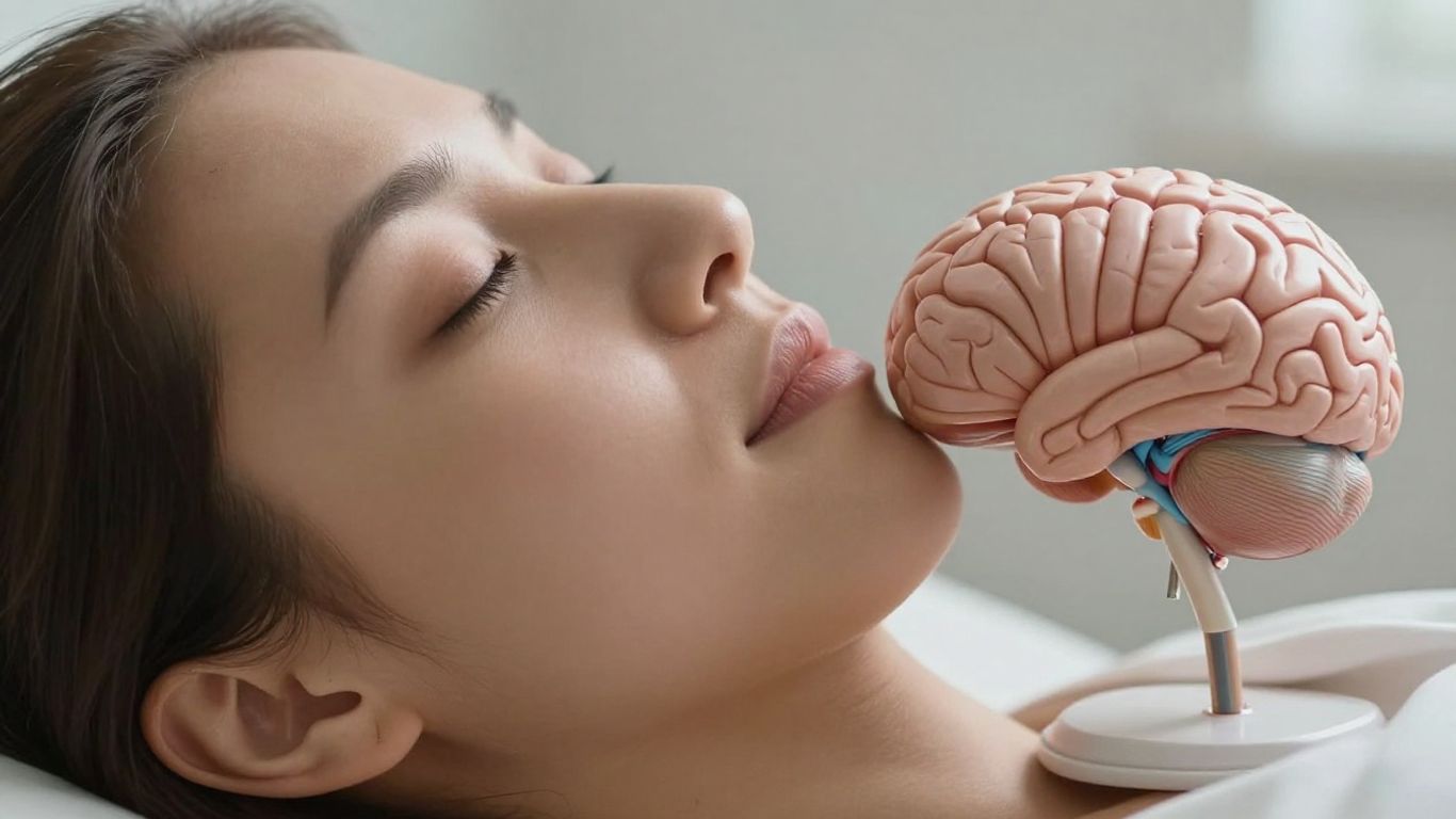 Close view of calm breathing and brain physiology