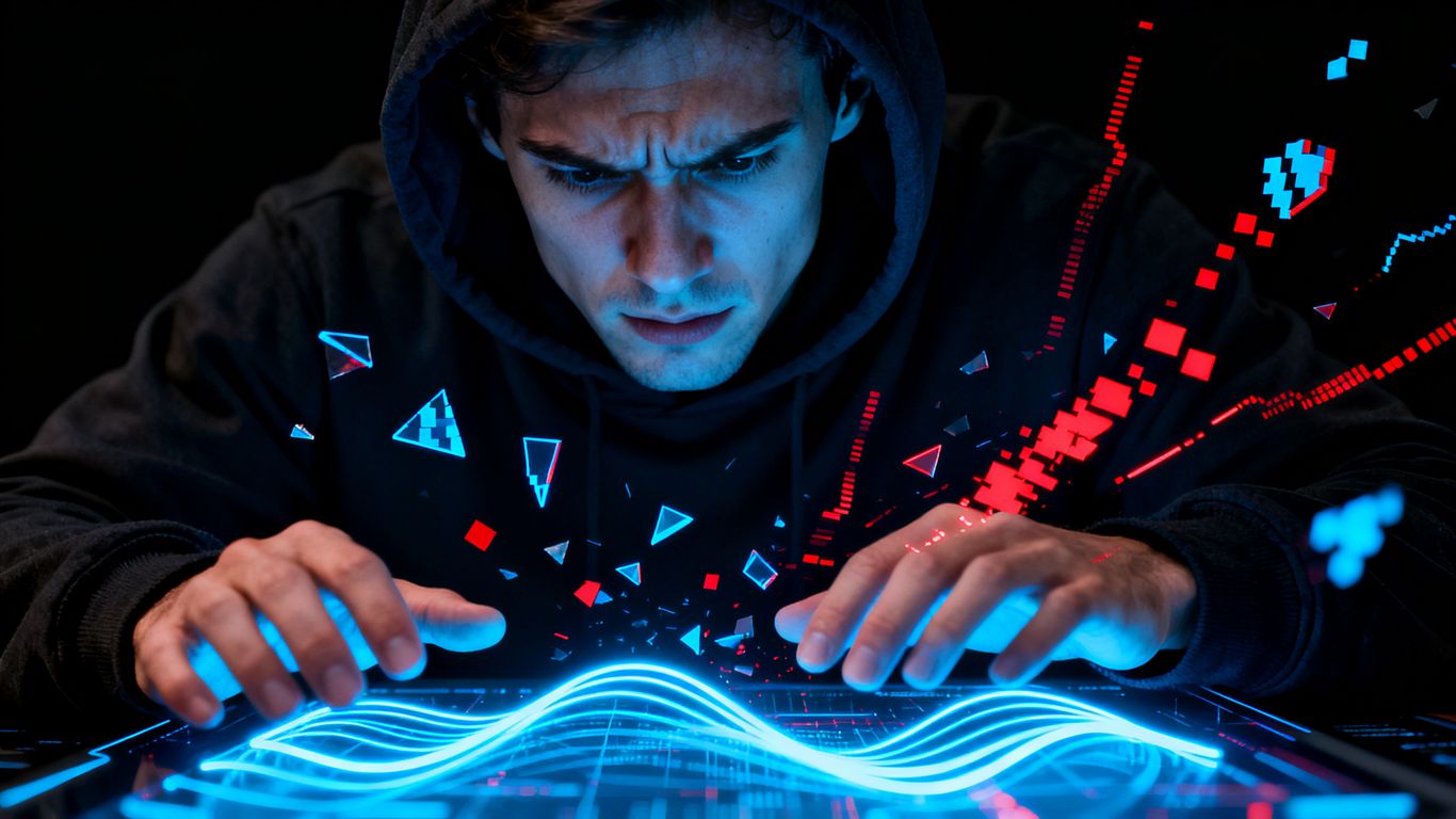 Frustrated person interacting with a broken AI interface.