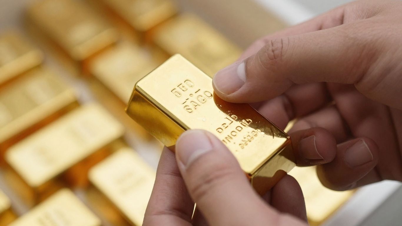 一個人悄悄地將一根金條放入箱子裡。