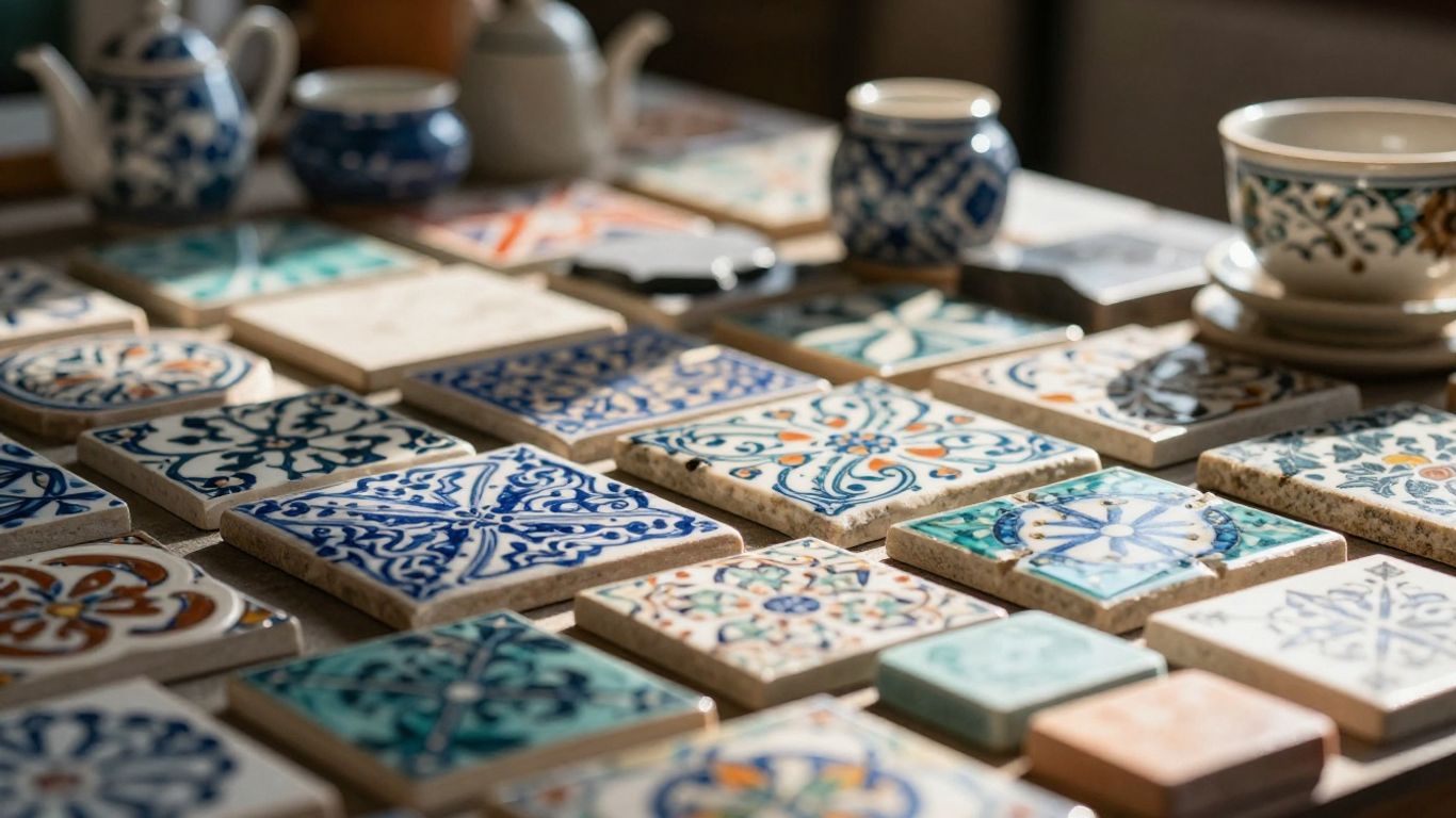 Colorful ceramic and stone tiles with intricate patterns.