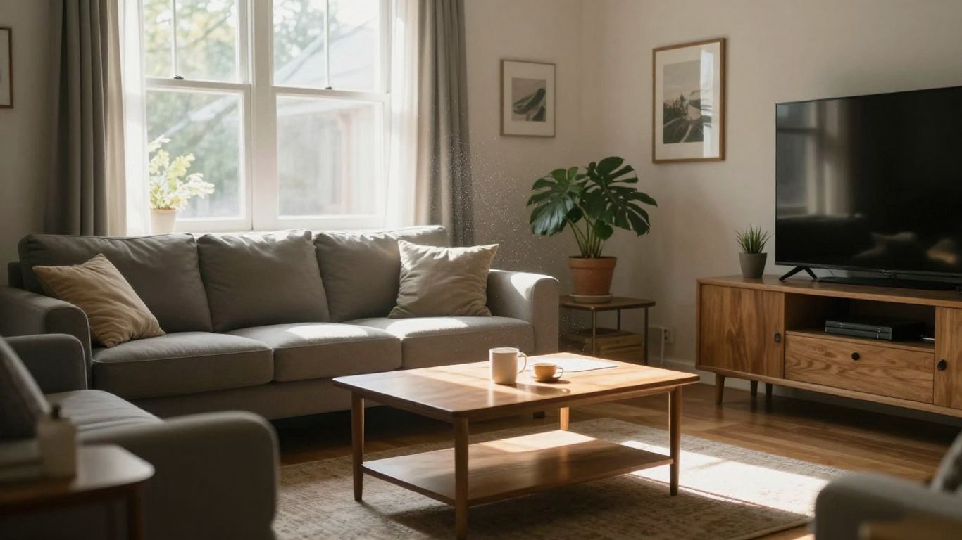 Sala de estar luminosa con sofá y mesa de café.