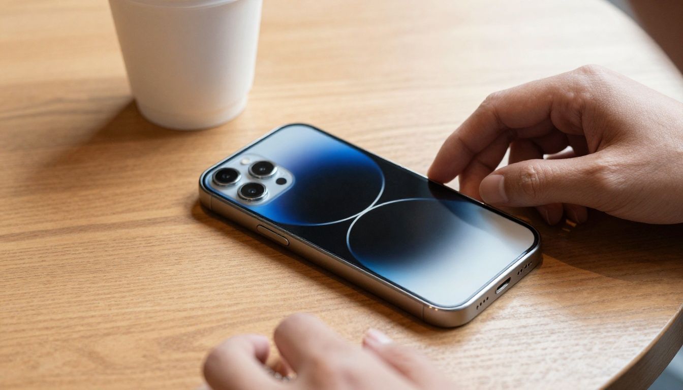 A person in a cafe carefully placing their iPhone 17 Pro Max, which is in a slim case, on a wooden table next to a coffee cup.