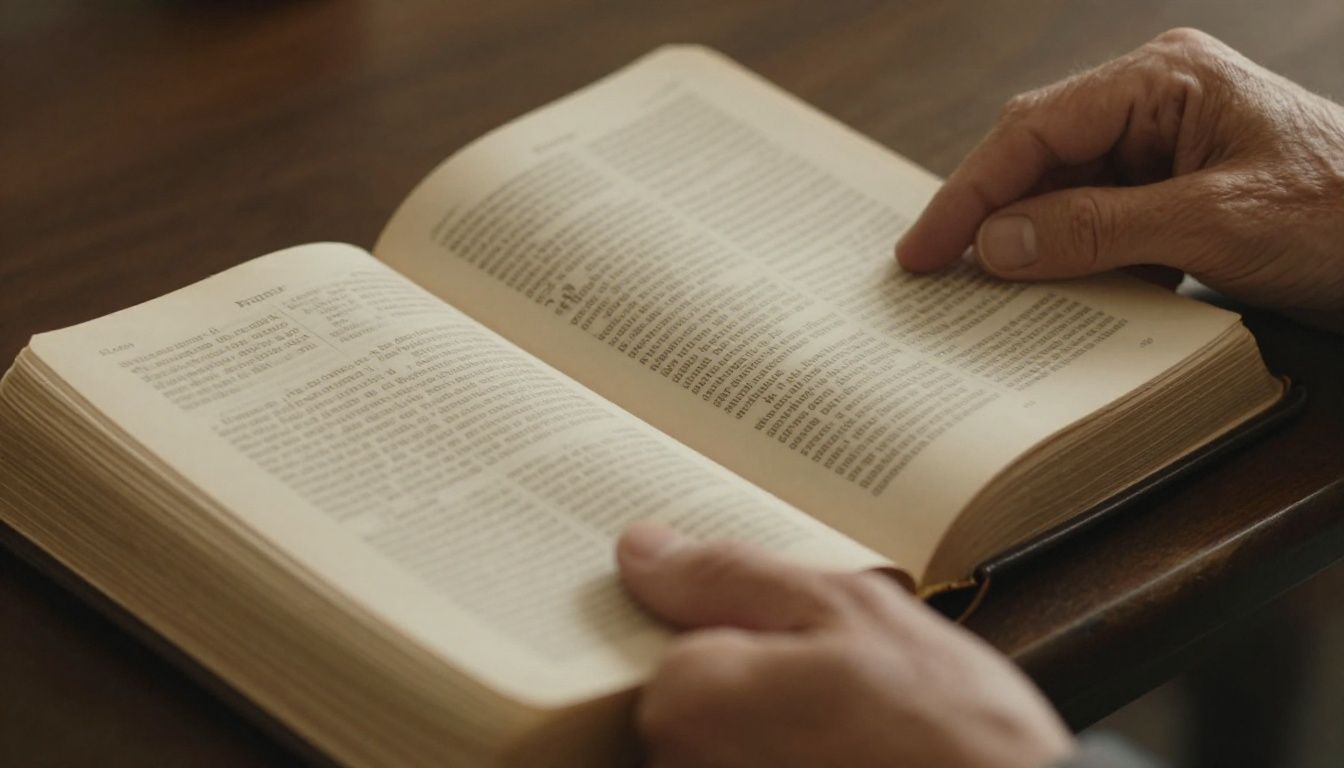 A close-up, realistic photo of two hands, one older and one younger, gently holding a simple, worn Bible open to a passage, with soft, warm light illuminating the page.