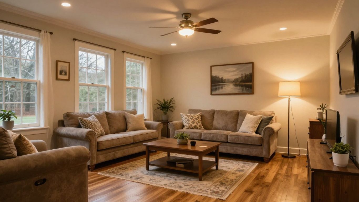 Finished basement living area with comfortable seating and warm lighting.