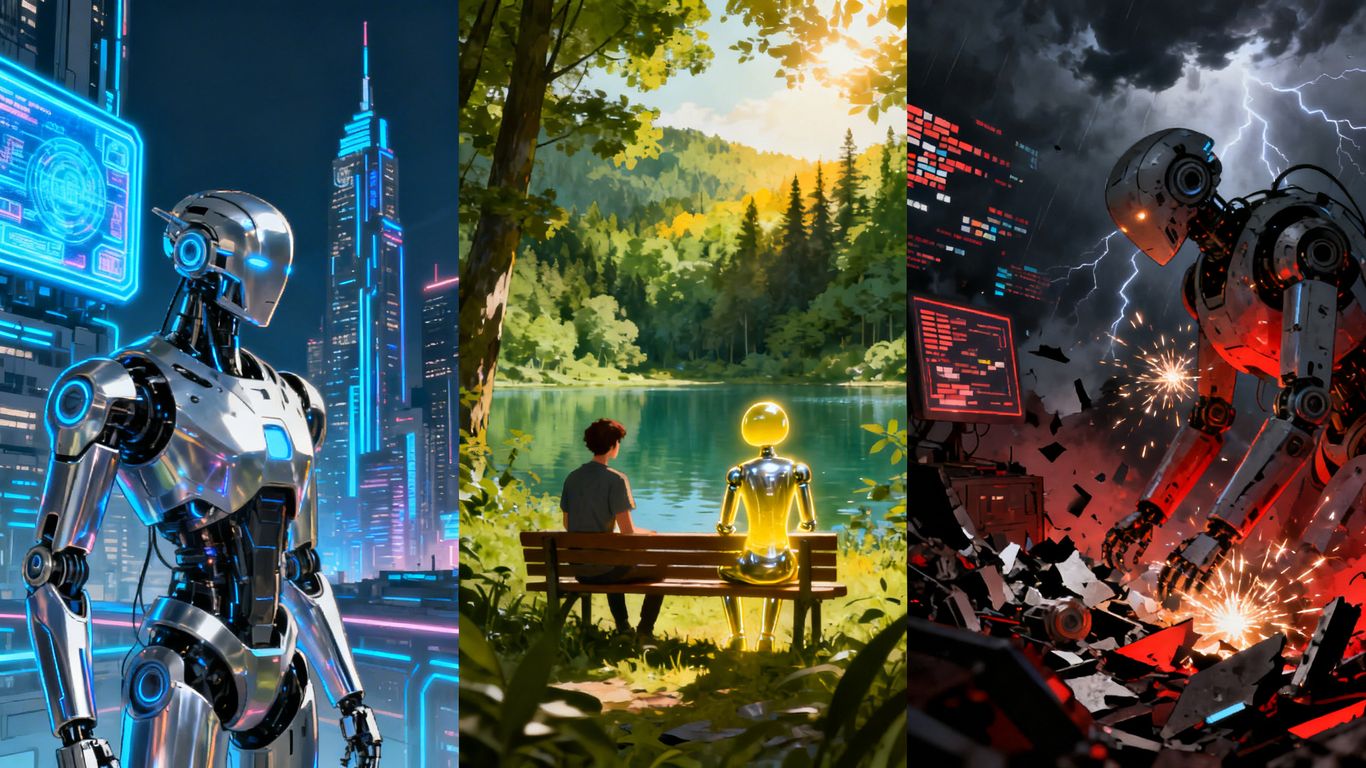 Three diverging paths representing AI futures: advanced, harmonious, and chaotic.